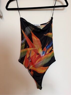 ZARA Tropical Floral Mesh Bodysuit - Black with Orange & Green